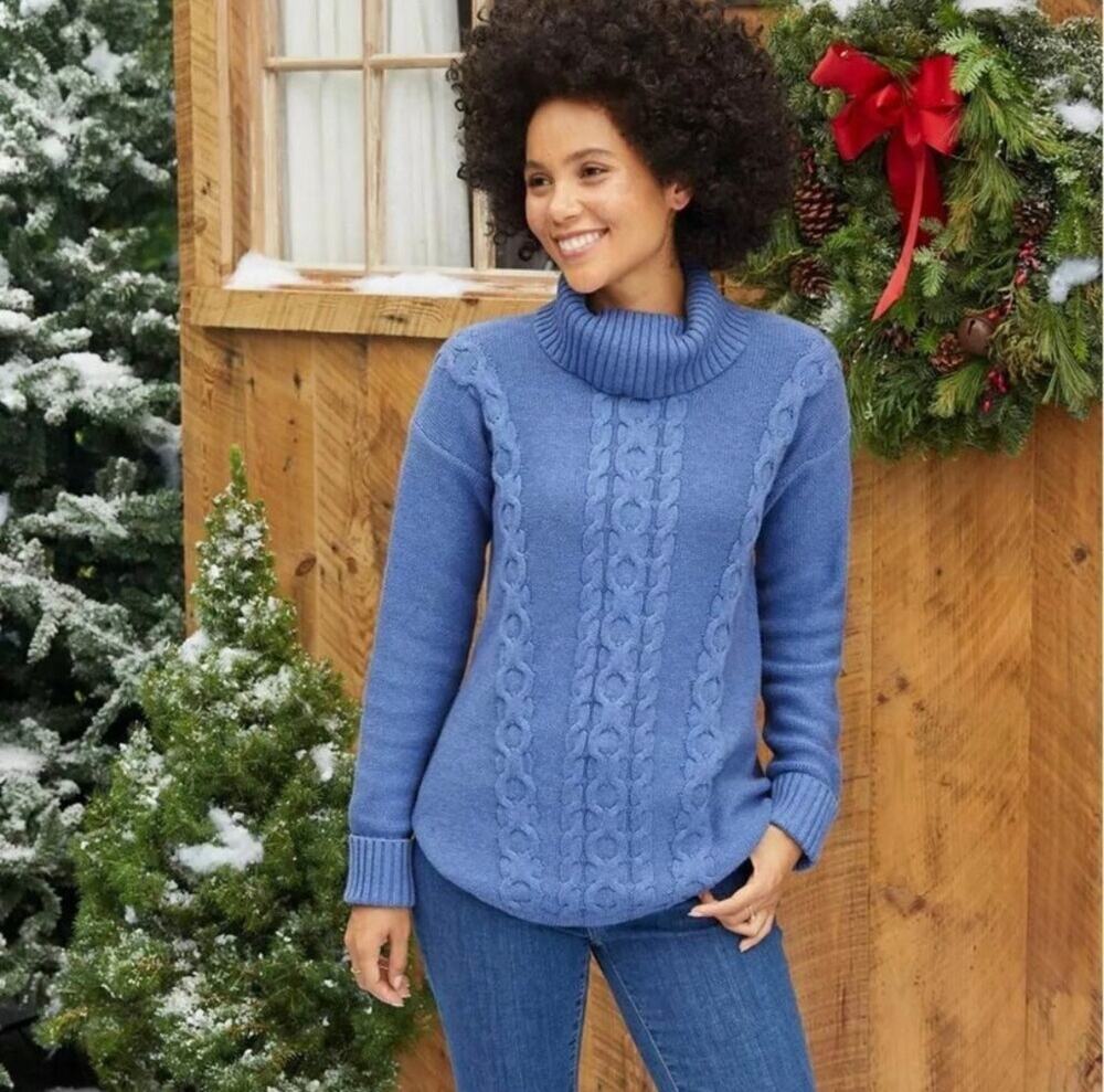 L.L. Bean Double L Cable Knit Turtleneck Sweater Blue Large